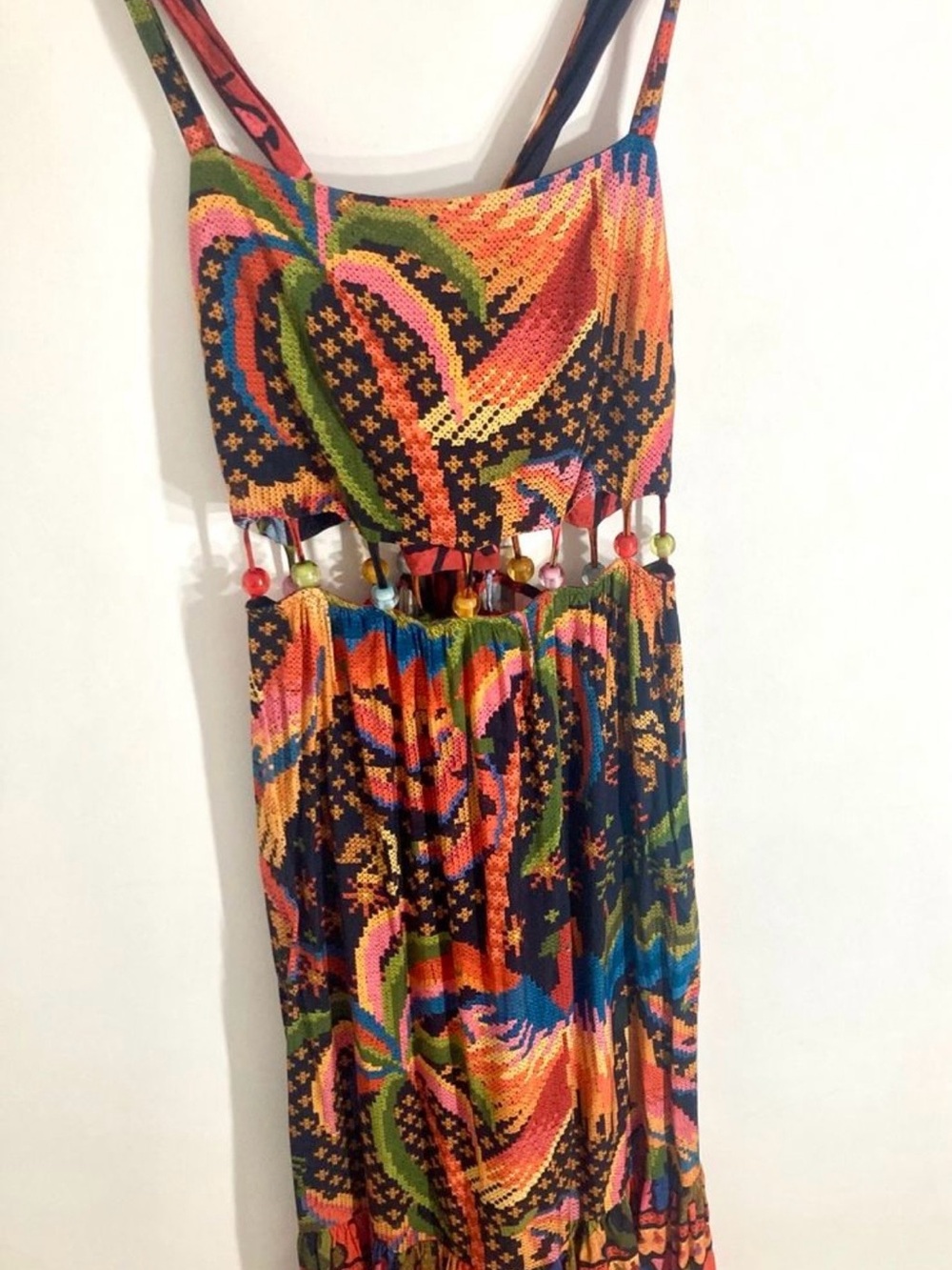 FARM Rio Multicolor Beaded-Detail Maxi Dress in Orange, Green, Blue, Pink